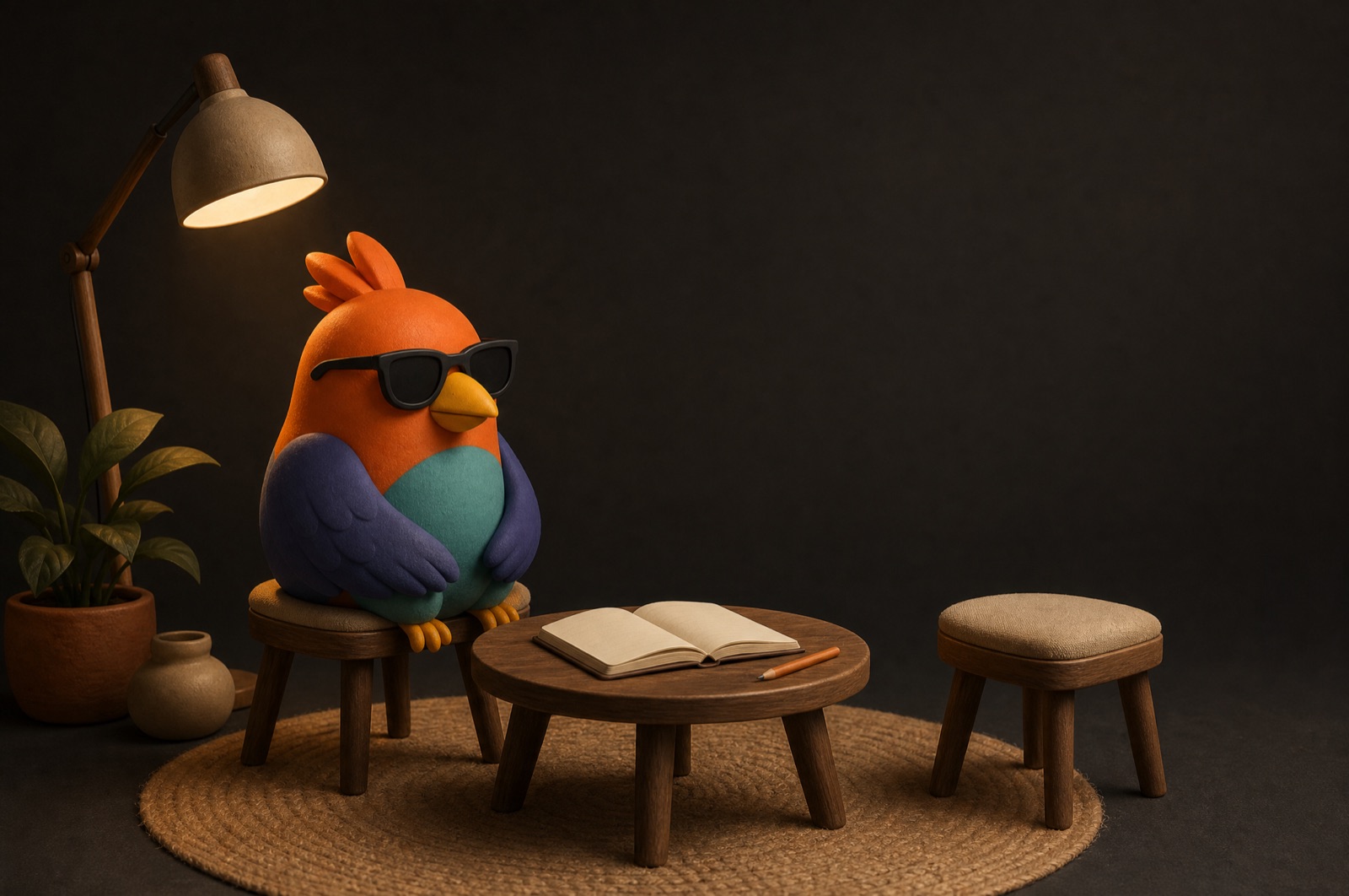 Mascote da Trilia sentado diante de uma cadeira vazia, com um caderno aberto entre eles