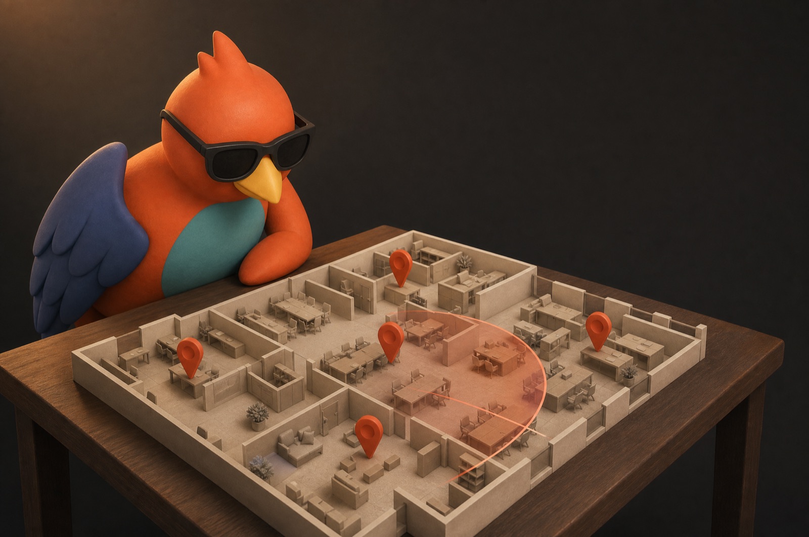 Mascote da Trilia debruçado sobre a maquete de um escritório, com pontos terracota marcando oportunidades